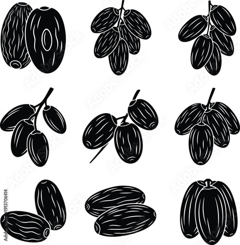 Elegant Date Palms: A curated array of date palm illustrations, each meticulously crafted to highlight the fruit's elegant form. Perfect for culinary themes and design.