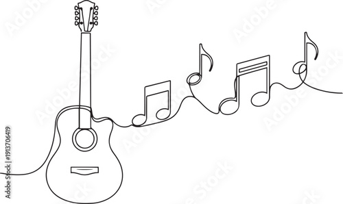 Single line of an acoustic guitar with musical notes flowing from it single line continuous line