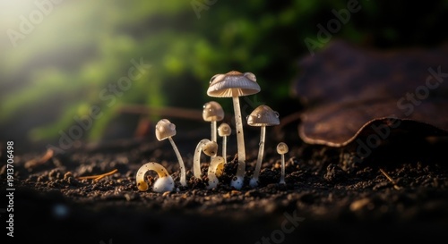 Group of mushrooms growing in the forest floor, close up shot.