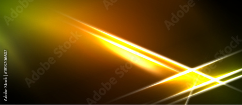 Bright light streaks dominate dark background. Golden hues blend with green, creating dynamic visual effect. Energy radiates from central point.