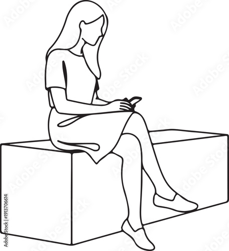 Woman sitting on bench looking at phone in simple line style mobile