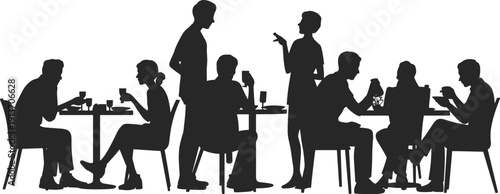 People sitting and talking in cafe restaurant silhouette group social meeting dining concept isolated flat vector illustration