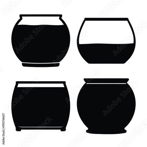 Collection of four distinct black silhouette icons depicting various pot and vase shapes