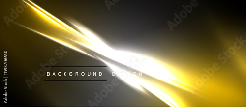 Abstract golden light streaks cross dark space. Bright energy radiates from central point, creating dynamic visual effect.