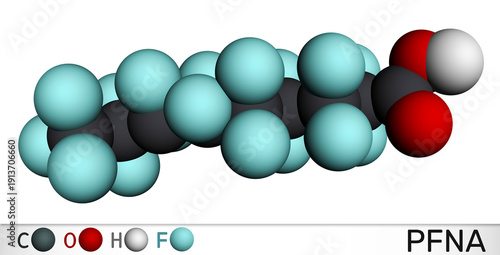 Perfluorononanoic acid or PFNA molecule. PFAS environmental pollution and water contamination. Molecular model. 3D rendering. Illustration
