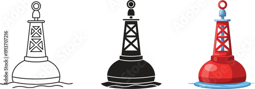 Set of navigation buoys including outline silhouette and colored vector illustrations for maritime and marine concepts