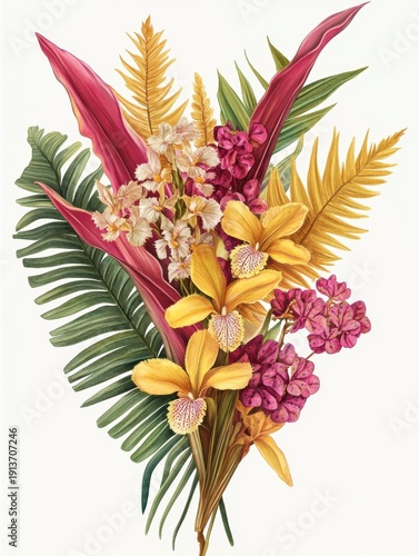 A tropical bouquet of blooming bromeliads, golden maranta, and soft green ferns 