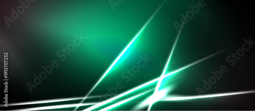 Abstract background features vibrant green lines, glowing streaks. Dark shades dominate composition, creating dynamic visual effect.