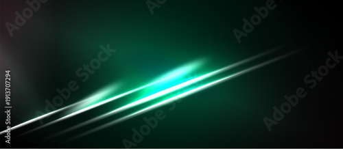 Abstract background features bright lines, teal glow. Dark shades dominate composition, creating dynamic visual effect. Minimalist design.