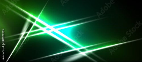 Abstract design features bright lines crossing dark background. Vivid green glow emanates from central intersection. Modern, energetic composition.