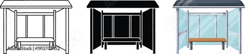 Collection of bus stop icons in outline silhouette and modern glass design representing public transportation and urban waiting areas