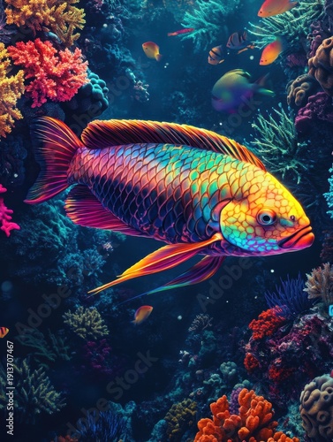 A tropical parrotfish with glowing rainbow scales, surrounded by radiant coral