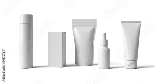 Assortment of blank white packaging for cosmetics and personal care products arranged on a white background.