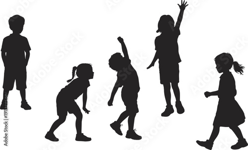 Children silhouettes vector set, playful poses, standing, bending, reaching upward, jumping, dancing, walking, running, casual clothing, childhood activity illustration, dynamic movement design