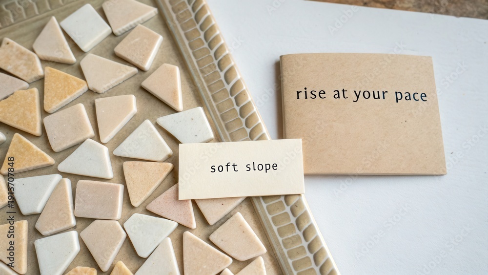 Collection of small triangular tiles with a notebook featuring motivational phrases about pace and slope on a light background
