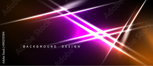 Abstract neon lines create dynamic gradient background. Vivid purple, orange hues dominate dark space. Modern design element.