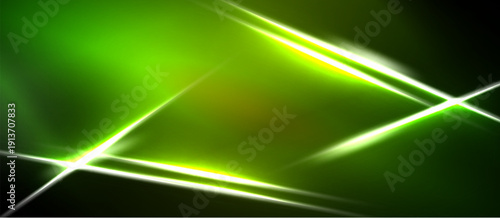 Abstract background features bright neon lines over dark green surface. Dynamic composition creates modern visual impact.