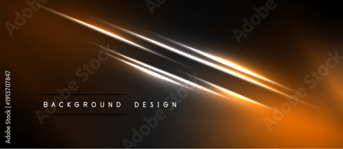 Abstract design features bright orange, white lines against dark background. Modern aesthetic, dynamic energy, sleek presentation.