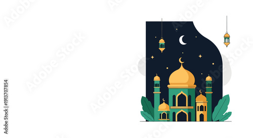 Majestic Islamic Mosque with Golden Domes and Glowing Minarets under a Beautiful Starry Night Sky, Symbolizing Faith and Celebration