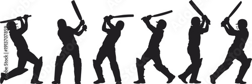 Cricket batsman silhouettes vector set, batting poses, protective gear, helmet, pads, cricket bat, dynamic sports action, stroke technique illustration, athlete design collection