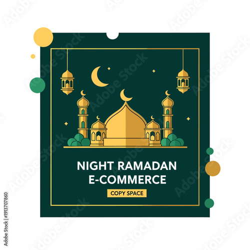 Festive digital illustration for online shopping promotions during the holy month. Features a golden mosque and moonlit sky, ideal for e-commerce advertising and cultural celebrations