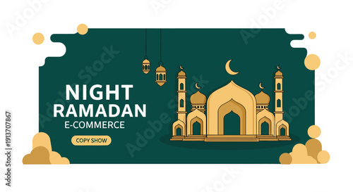 Elegant Night Ramadan E-commerce Banner Featuring a Mosque, Lanterns, and Crescent Moon for Festive Online Shopping Deals and Promotional Sales