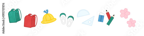 ターコイズブルーとルビーレッドの多様性に富んだランドセル、ミモザイエローの通学帽、サクラピンクの花びらが並ぶ、水彩テクスチャの温かい手描きラインイラスト素材