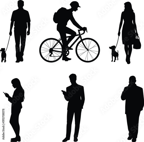 Silhouettes of people vector set, walking dog, cycling with backpack, smartphone use, formal attire poses, everyday activities, lifestyle illustration, black silhouettes design