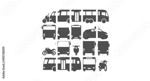 Collection of various vehicle silhouettes for transportation.