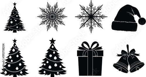 Christmas tree silhouette, snowflake icon, Santa hat, holiday gift box, jingle bells, festive winter decoration, seasonal vector illustration, black design elements