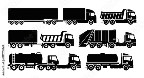 Collection of Various Truck Silhouettes for Transportation and Logistics.
