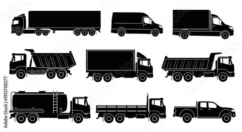 Collection of various truck silhouettes for transportation and logistics.