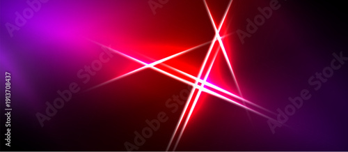Abstract background features vibrant pink, red gradients. Bright lines intersect creating dynamic light effects. Dark areas provide contrast.