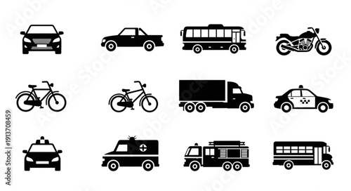 Collection of various vehicle icons in silhouette.
