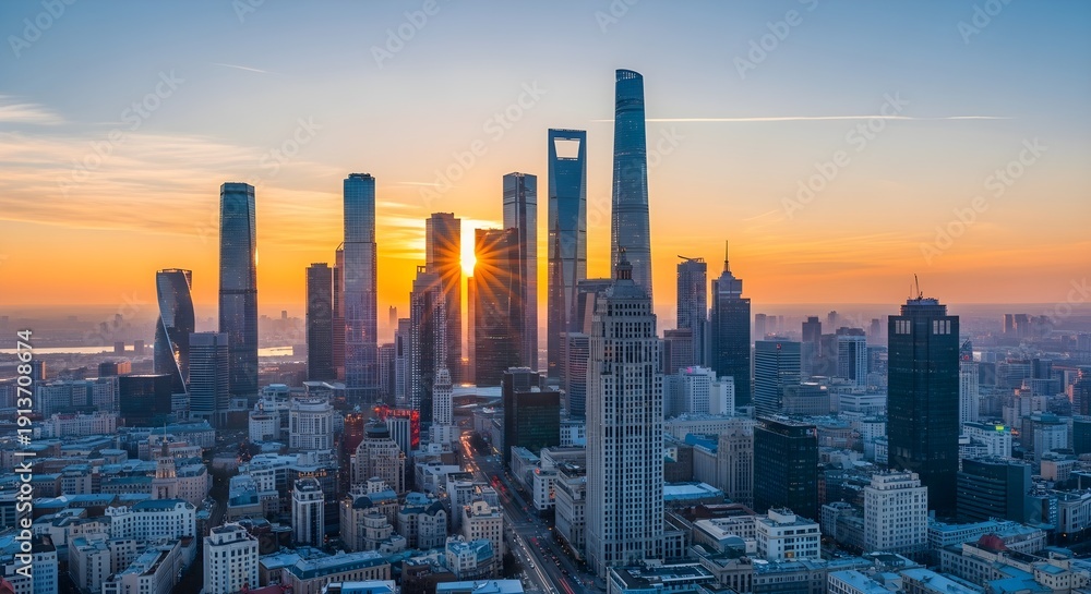 Obraz premium Stunning Cityscape at Sunset with Modern Skyscrapers and Vibrant Sky