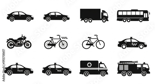 Collection of various vehicle silhouettes for transportation and travel.