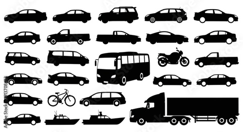 Collection of various vehicle silhouettes for transportation and travel themes.