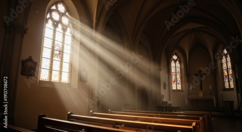 Empty church pews with sunlight streaming through stained glass windows creating serene spiritual atmosphere perfect for Feast of the Annunciation