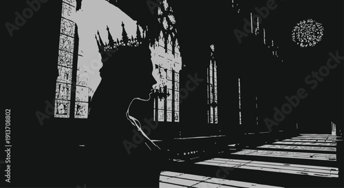 A dramatic silhouette of a woman wearing a jeweled crown, standing in a grand gothic castle.