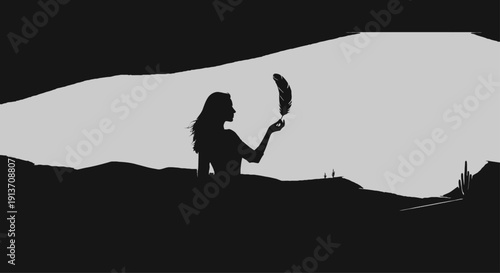 a minimalist silhouette of a woman holding a single, vibrant red feather against a vast, arid desert landscape, warm lighting, cinematic composition, high contrast