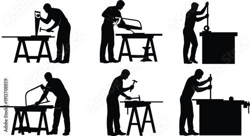 Woodworking silhouettes, carpentry worker using hand saw, hacksaw, drill press, coping saw, hammering nails, woodworking tools, construction labor, workshop activities, vector illustration