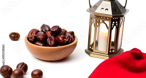 Dates and lantern sit near red cloth on white background.