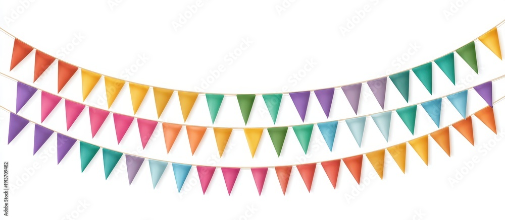 Obraz premium Multi colored festive party pennants hanging on strings over a white clean background
