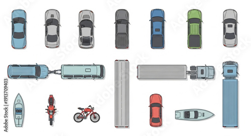 Collection of various vehicles seen from a top down perspective.