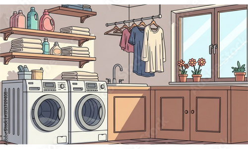 Cute Cartoon Laundry Room Vector Illustration