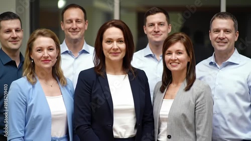 A group of professionals posing with friendly smiles, suitable for corporate profiles or marketing materials.