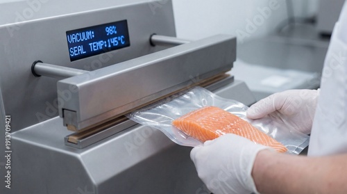 Person in white gloves using a vacuum sealer machine to package fresh salmon fillet in a clear plastic bag inside a commercial kitchen setting