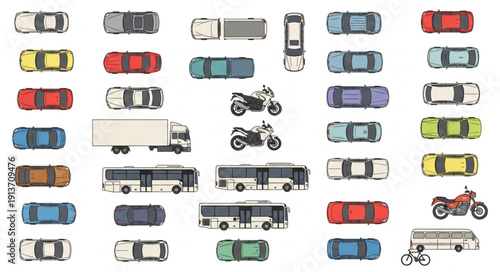 Collection of various vehicles seen from above.