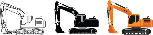 Set of excavator icons in outline silhouette and flat design styles representing construction machinery for industrial and building projects