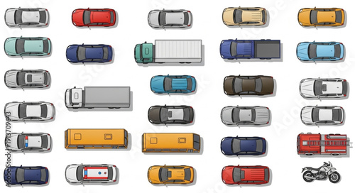 Collection of various vehicles seen from above.